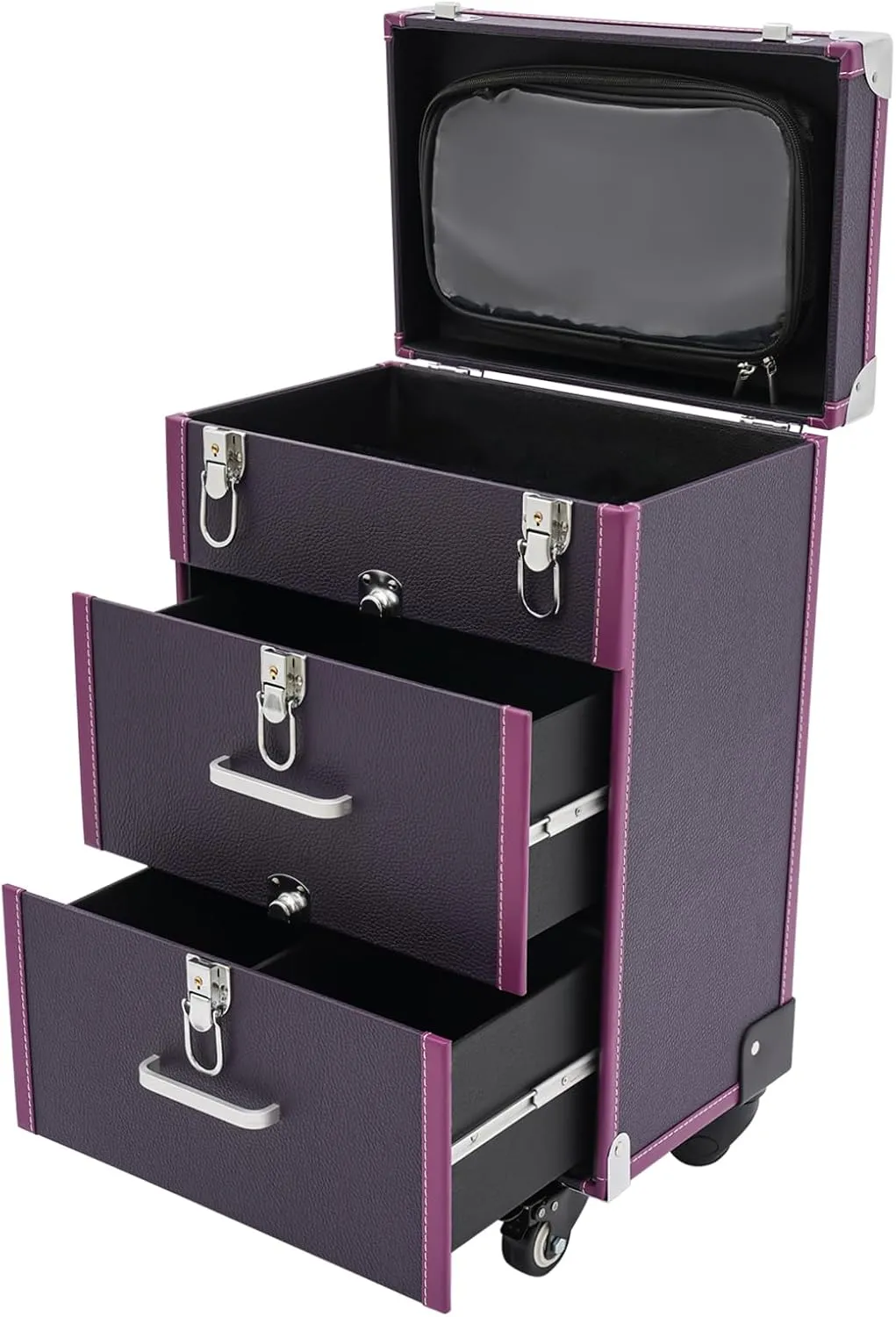 Makeup Train Case,Portable Aluminium Alloy Rolling Makeup Train Case Salon Cosmetic Trolley Organizer Box w/Lock & 2 Keys, Large Make Up Suitcase Cosmetic Trolley with 4 Wheels (Purple)