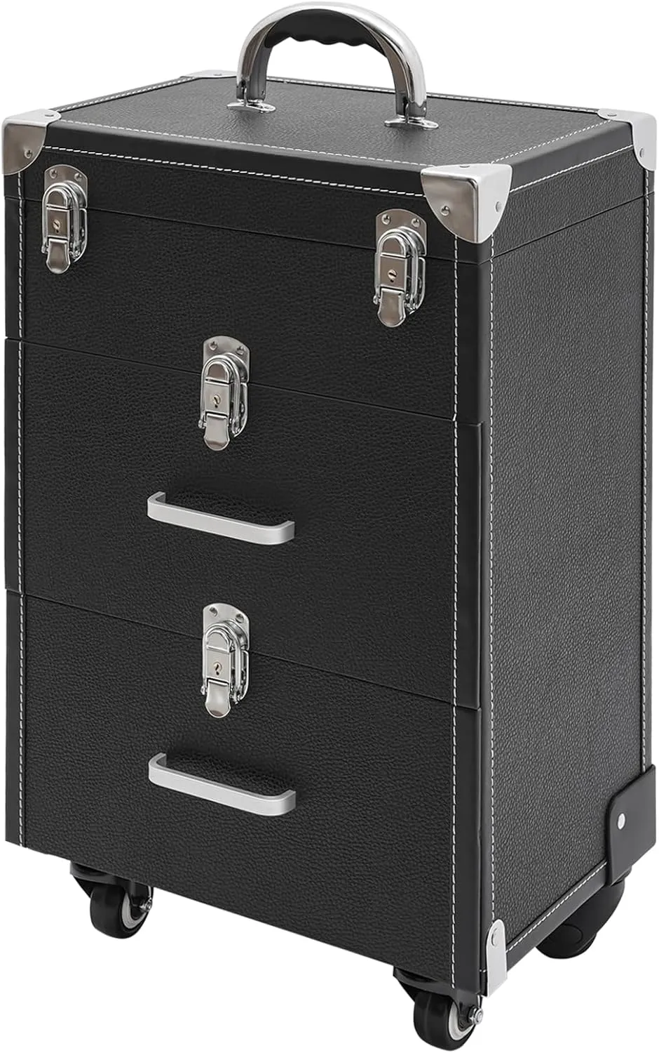 Makeup Trolley Case, 3 Layers Rolling Makeup Case with 4 Wheels Cosmetic Case, Professional Nail Polish Storage Makeup Train Organizer for Salon Barber (Black)