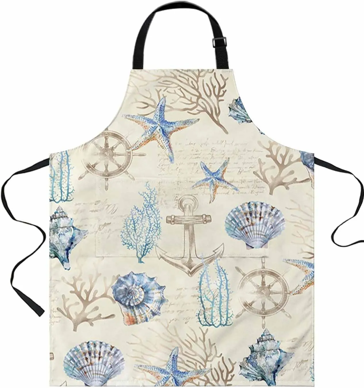 Nautical Anchor Waterproof Apron With Pockets, Coastal Starfish Shell Conch Coral Blue Kitchen Chefs Bib Cooking BBQ Grill Bake Adjustable Aprons for Women/Kids Home Garden Grooming Painting Gardening