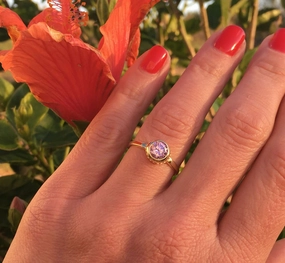 October Birthstone Round Rose Quartz Simple Bezel Ring