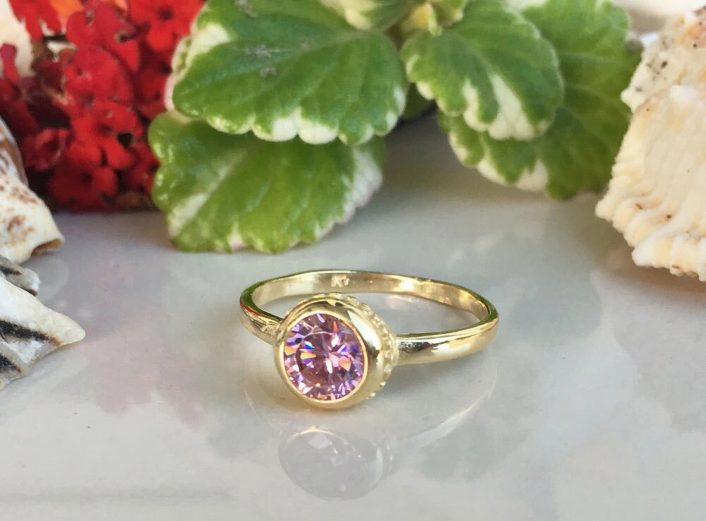 October Birthstone Round Rose Quartz Simple Bezel Ring