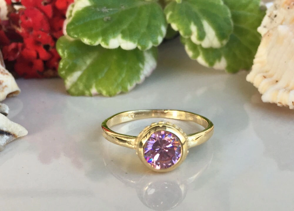 October Birthstone Round Rose Quartz Simple Bezel Ring