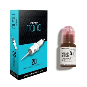 Perma Blend Forest Brown Tattoo Ink Microblading Ink for Permanent Makeup - Vegan (0.5 oz) Bundled With Vertix Nano Membrane Cartridge Needles - 1 Liner - 0.33mm Acupuncture Taper Cartridge Needles