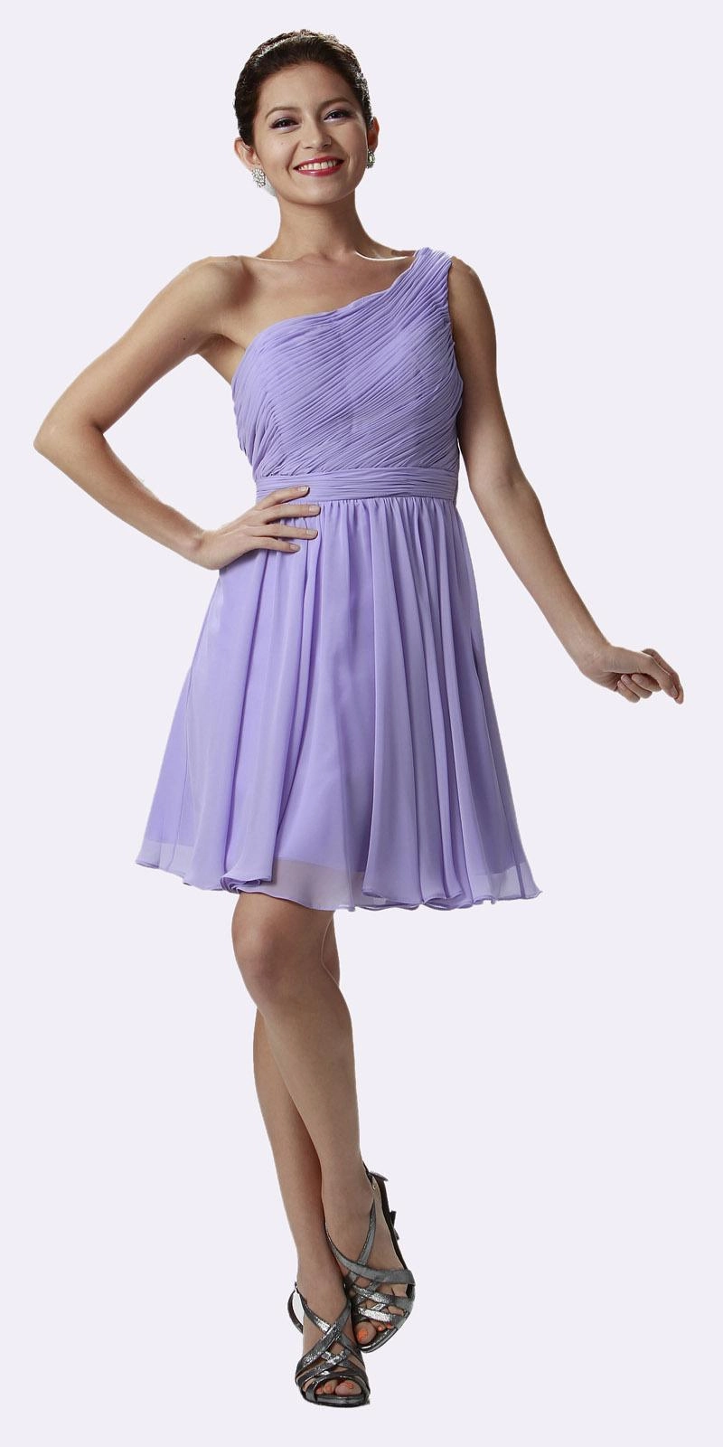 Poly USA 6746 One Shoulder Chiffon Short Dress Ruched Bodice
