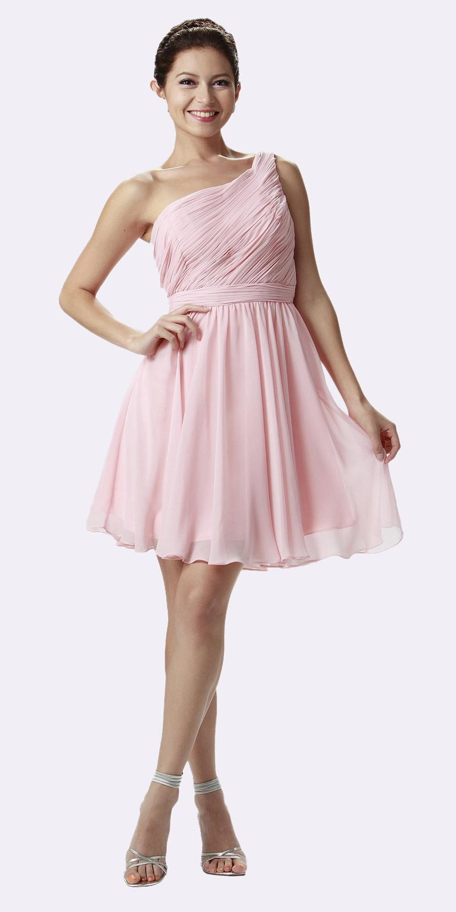 Poly USA 6746 One Shoulder Chiffon Short Dress Ruched Bodice