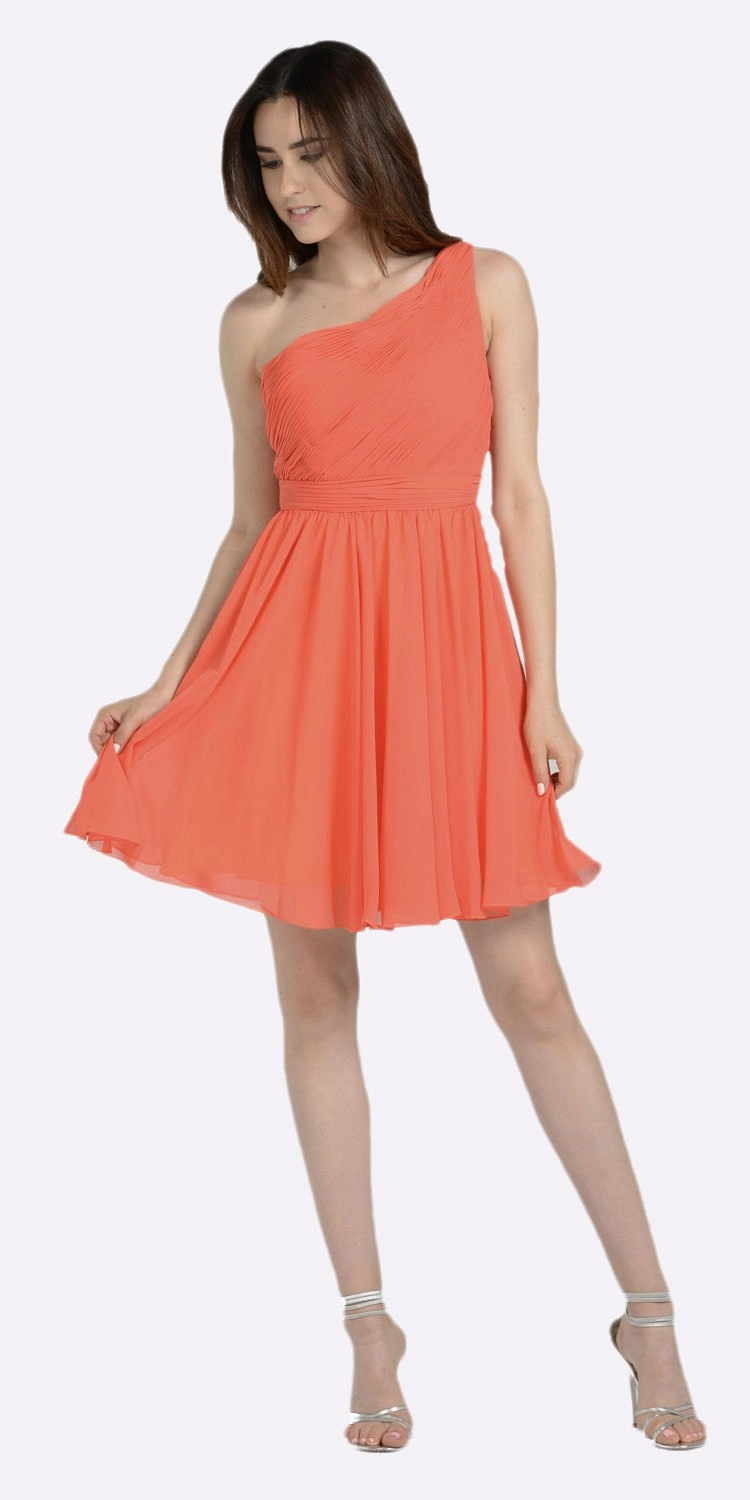 Poly USA 6746 One Shoulder Chiffon Short Dress Ruched Bodice