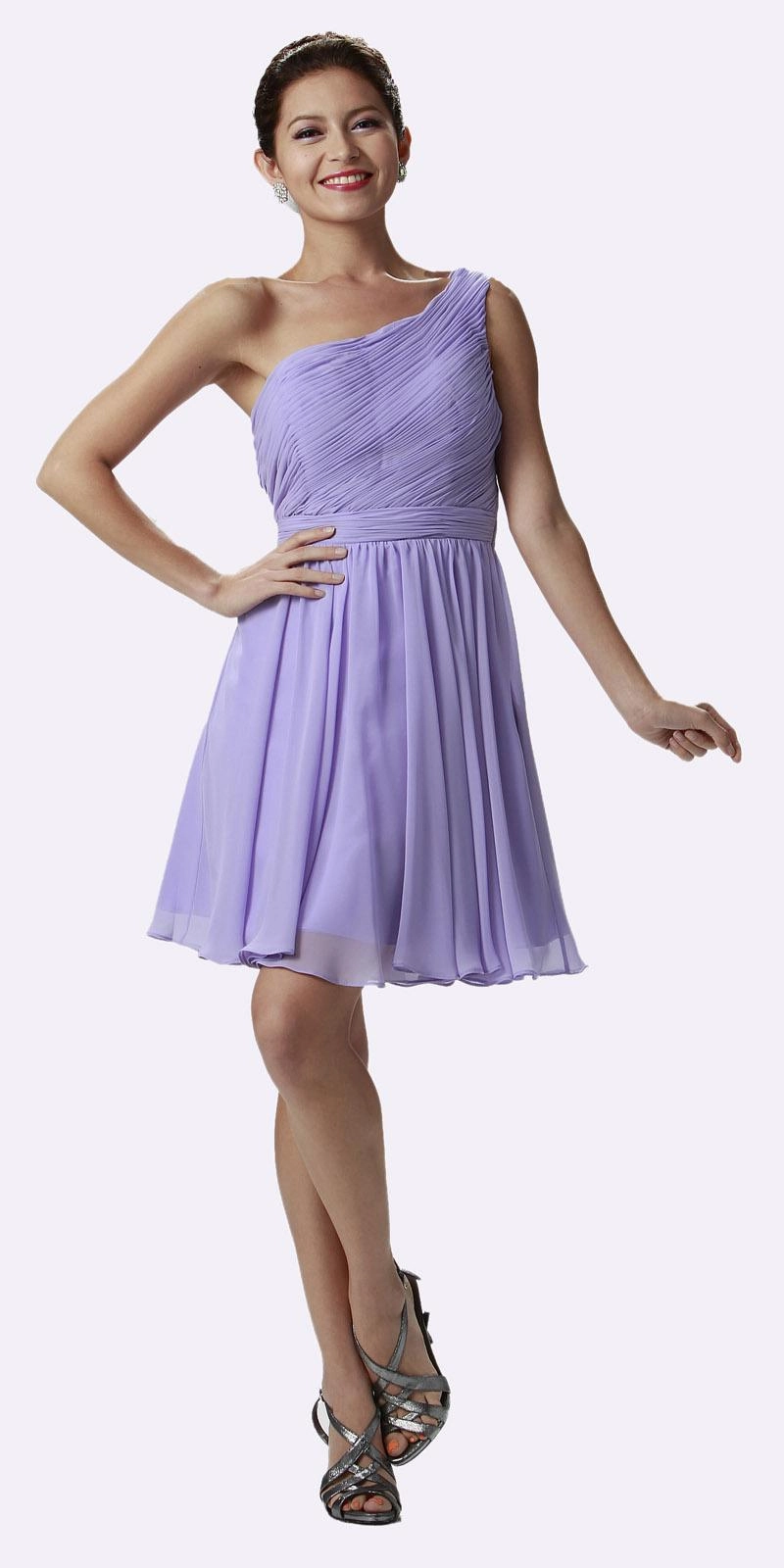 Poly USA 6746 One Shoulder Chiffon Short Dress Ruched Bodice