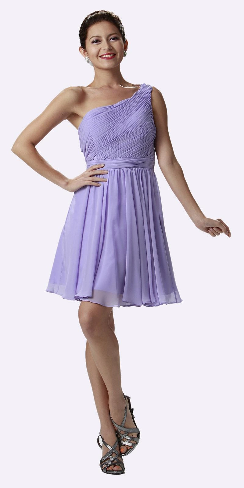 Poly USA 6746 One Shoulder Chiffon Short Dress Ruched Bodice