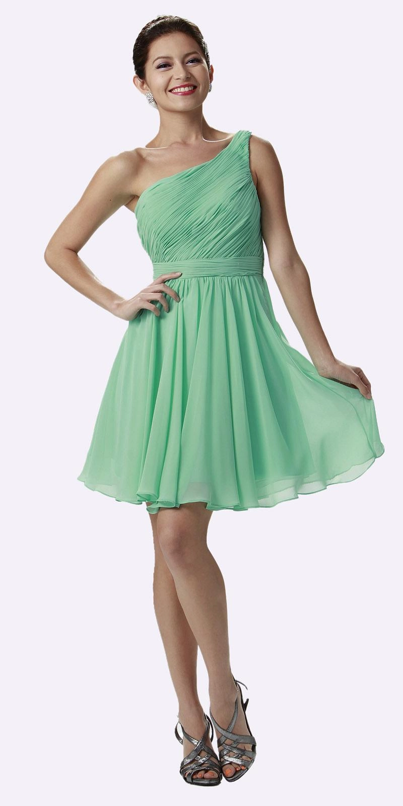 Poly USA 6746 One Shoulder Chiffon Short Dress Ruched Bodice