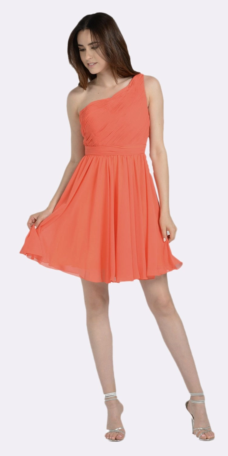 Poly USA 6746 One Shoulder Chiffon Short Dress Ruched Bodice