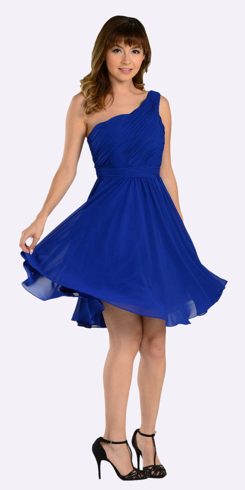 Poly USA 6746 One Shoulder Chiffon Short Dress Ruched Bodice