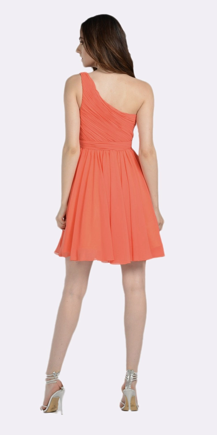 Poly USA 6746 One Shoulder Chiffon Short Dress Ruched Bodice