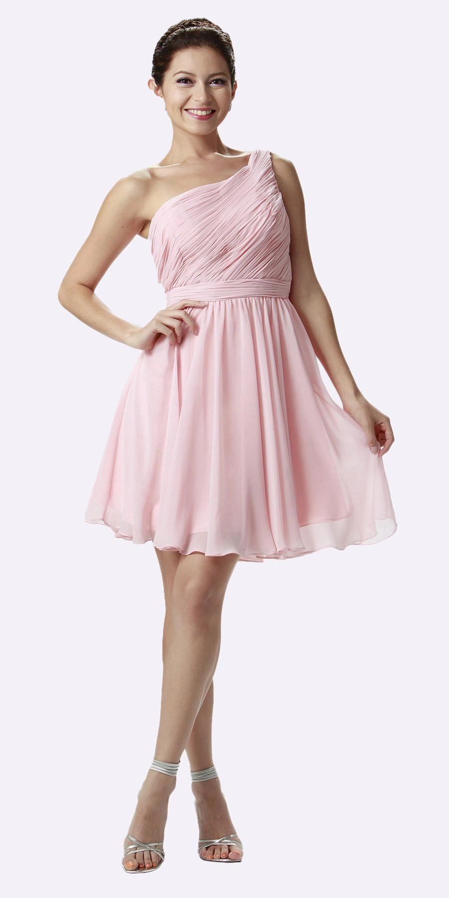 Poly USA 6746 One Shoulder Chiffon Short Dress Ruched Bodice