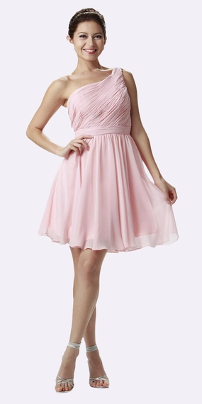 Poly USA 6746 One Shoulder Chiffon Short Dress Ruched Bodice