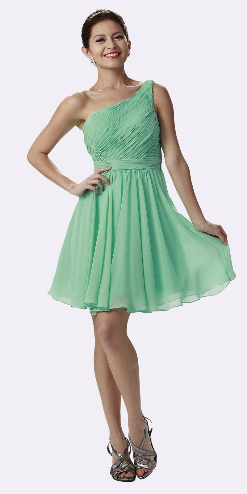 Poly USA 6746 One Shoulder Chiffon Short Dress Ruched Bodice