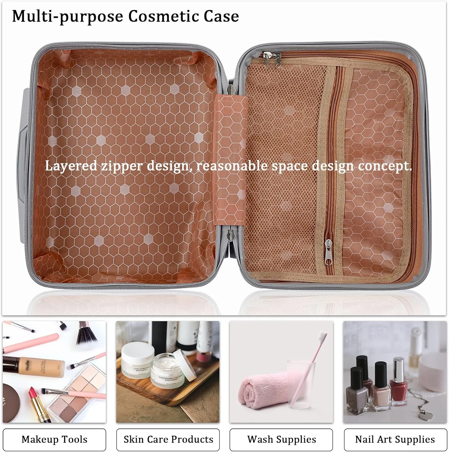 Portable Hard Shell Cosmetic Travel Case, Small Travel Hand Luggage with Elastic Band, Mini ABS Carrying Makeup Case Suitcase, Silver