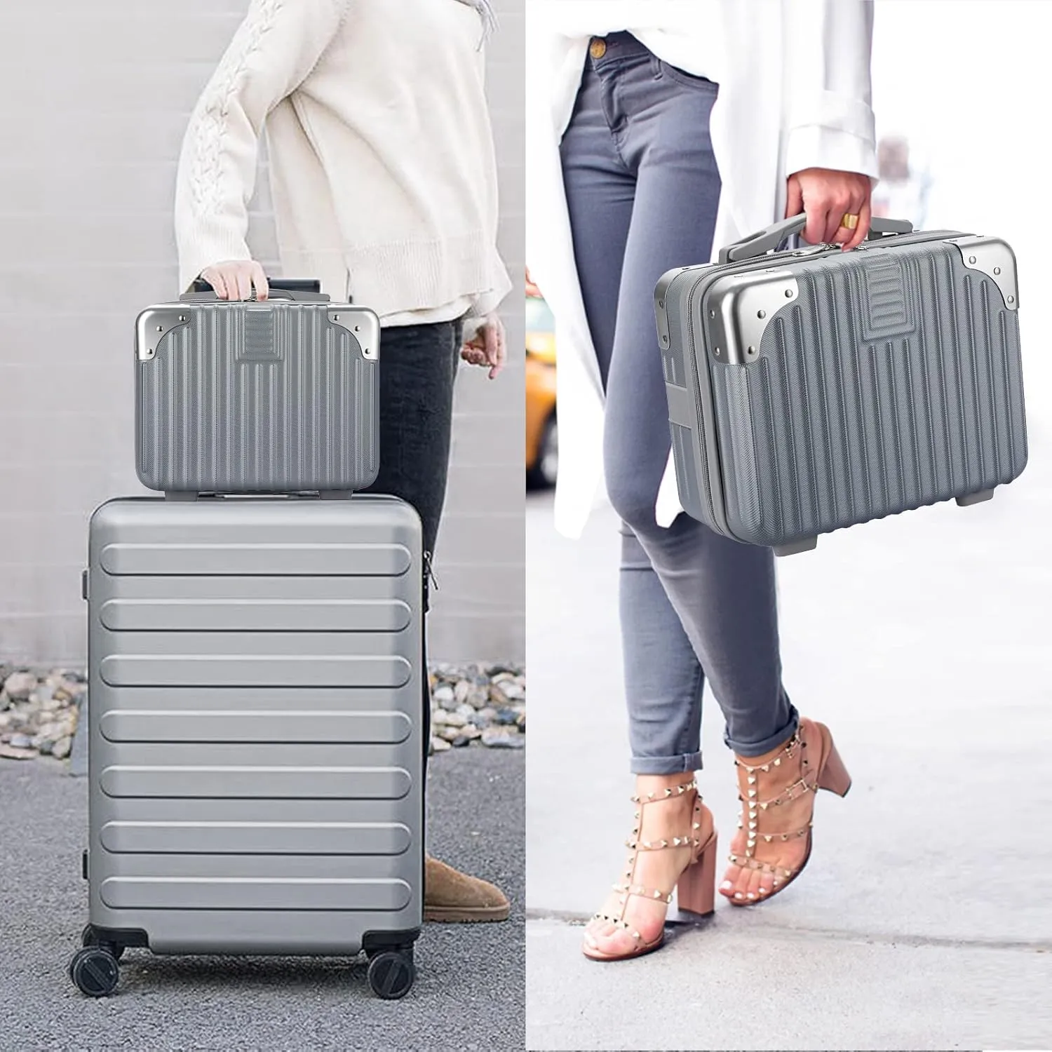 Portable Hard Shell Cosmetic Travel Case, Small Travel Hand Luggage with Elastic Band, Mini ABS Carrying Makeup Case Suitcase, Silver