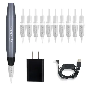 Portable Tattoo Machine Pen Eyebrow Lip Permanent Makeup Pen with 1R 3R Cartridge Needles for Ombre Brows Body Tattoo (Gray Machine Kit)