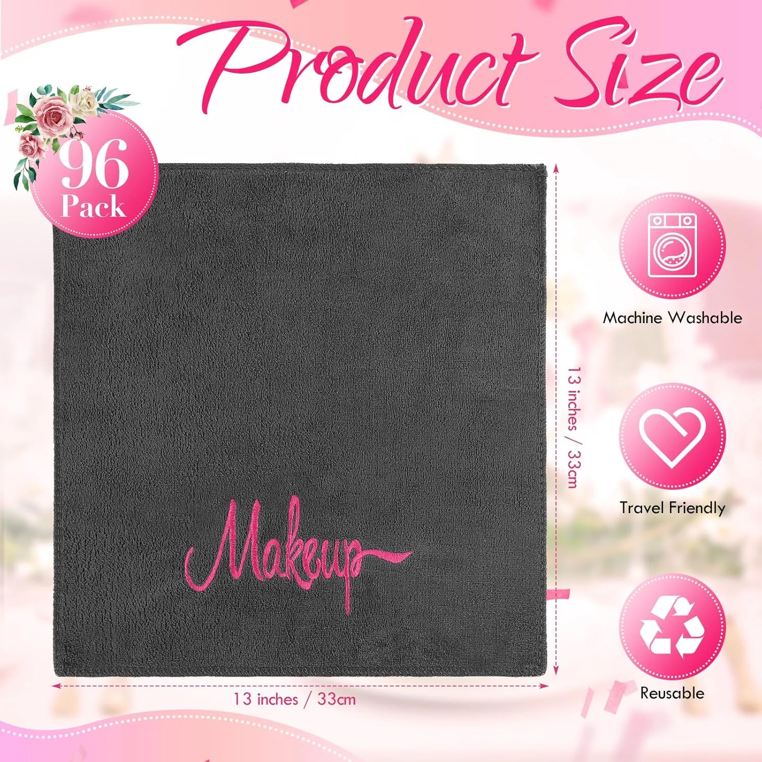 Preboun 96 Pack Makeup Remover Cloths, 13 x 13 Inch Makeup Towels Bulk Soft Microfiber Face Towels Reusable Makeup Washcloths with Makeup Embroidery for Women Skin Holiday Gifts (Gray)