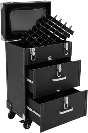 Professional Rolling Makeup Case, 14.1 * 9 * 22.4in Cosmetic Case Trolley, Lockable Make Up Suitcase Cosmetic Trolley, Makeup Suitcase with Wheels for Salon Barber (Black Silver)