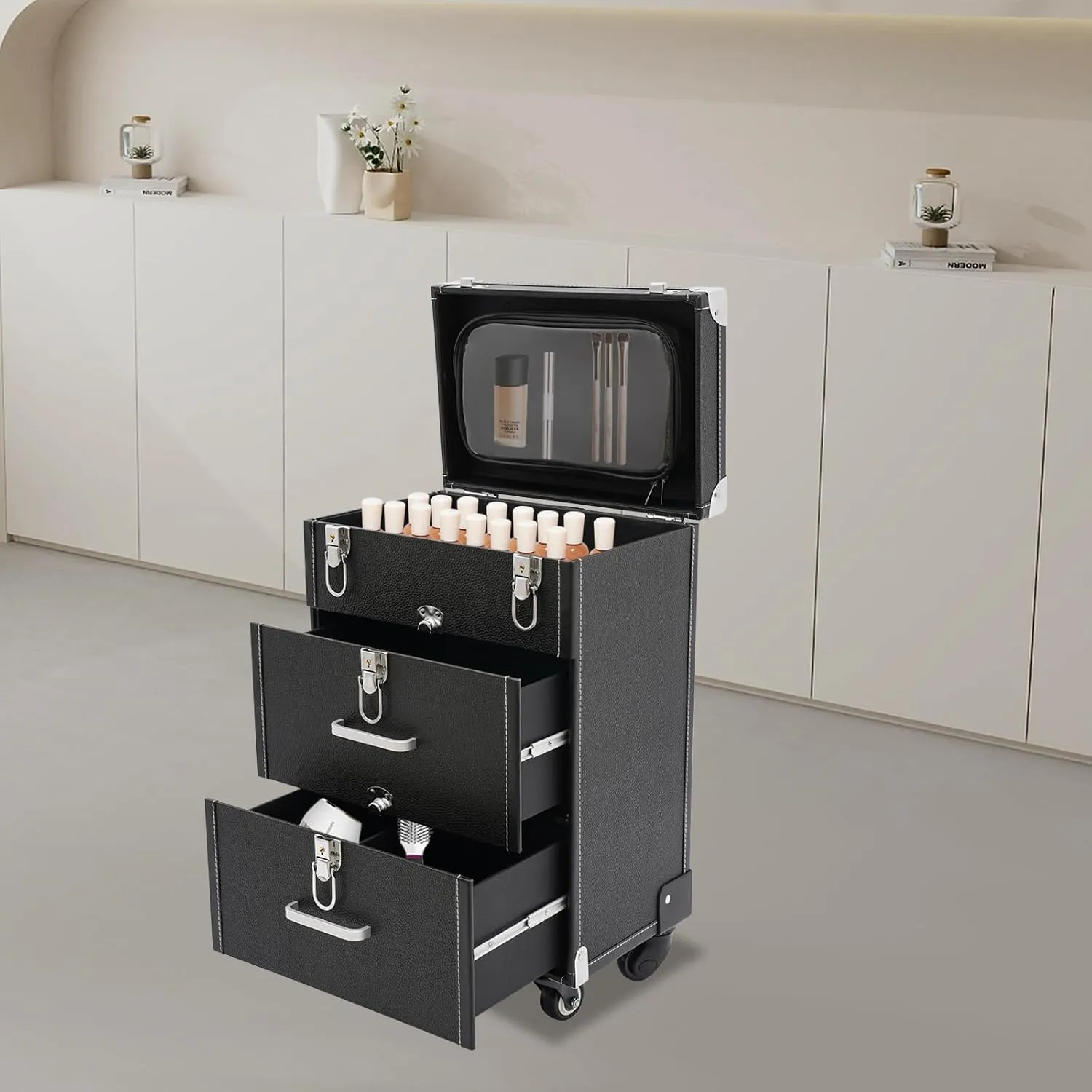Professional Rolling Makeup Case, 14.1 * 9 * 22.4in Cosmetic Case Trolley, Lockable Make Up Suitcase Cosmetic Trolley, Makeup Suitcase with Wheels for Salon Barber (Black Silver)