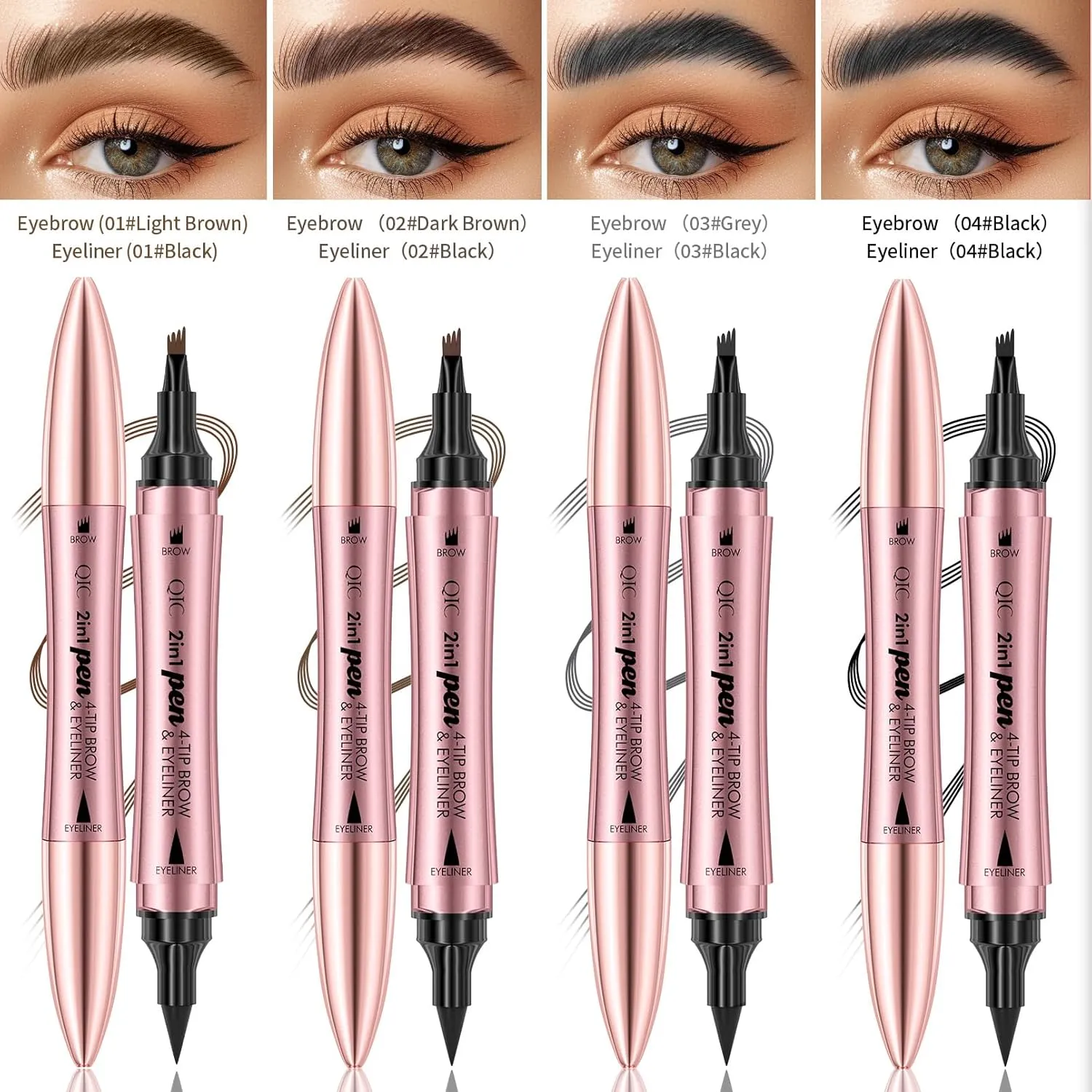 Q710 2in1pen,4-Tip Brow pen&Eyeliner,Dcuble-ended design,wild eyebrow makeup,microblading eyebrow pen,waterproof,Soft nib,With one smooth stroke (1#Light Brown)