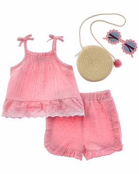 Rachel Zoe 4pc Dobby Gauze Short Set with Bag & Sunglasses