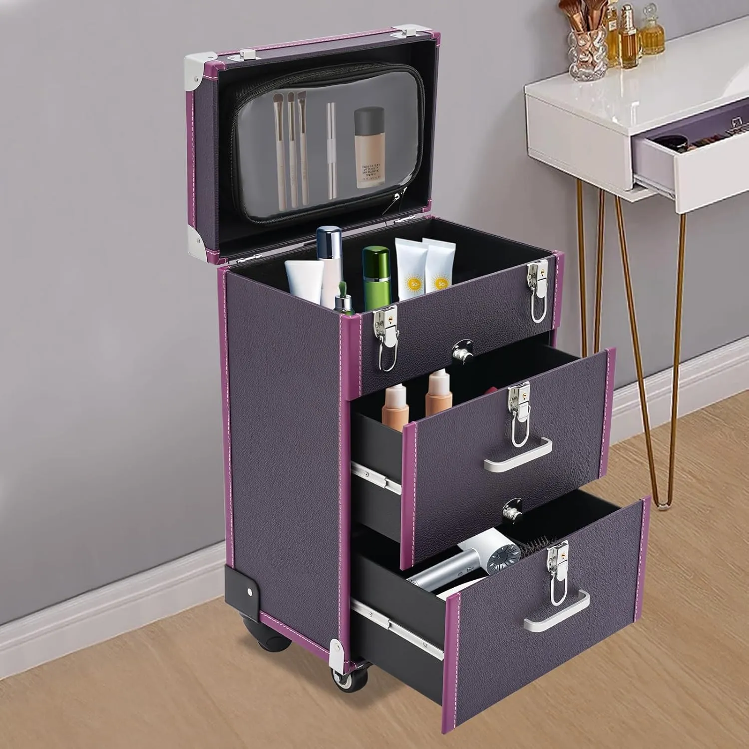 Rolling Makeup Case Large Capacity Cosmetic Case Trolley Hand-held/Hand-pulled Make Up Organizer Box Suitcase Cosmetic Trolley Makeup Suitcase W/Lock & Silent Universal Wheels (Purple Silver)