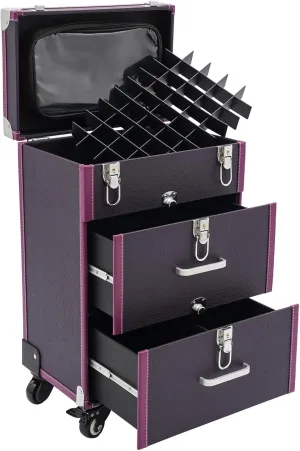 Rolling Makeup Case Large Capacity Cosmetic Case Trolley Hand-held/Hand-pulled Make Up Organizer Box Suitcase Cosmetic Trolley Makeup Suitcase W/Lock & Silent Universal Wheels (Purple Silver)
