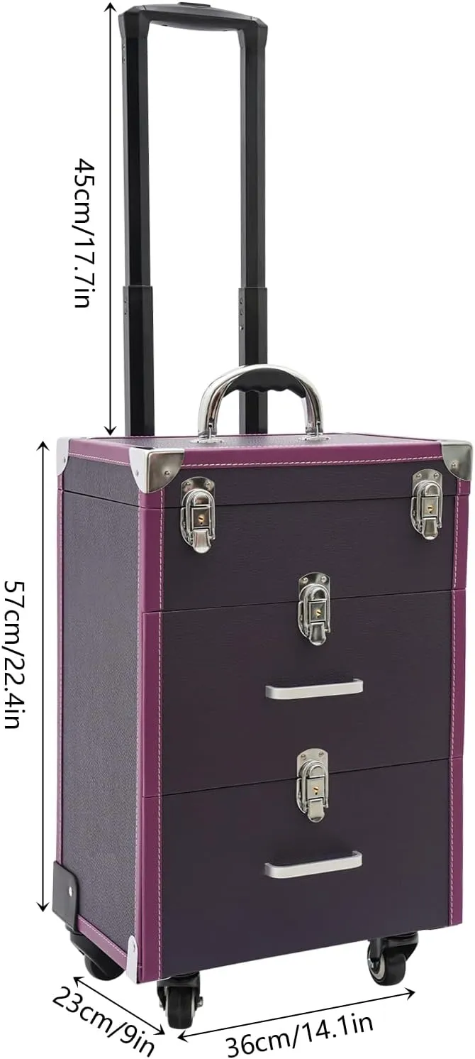 Rolling Makeup Case Large Capacity Cosmetic Case Trolley Hand-held/Hand-pulled Make Up Organizer Box Suitcase Cosmetic Trolley Makeup Suitcase W/Lock & Silent Universal Wheels (Purple Silver)