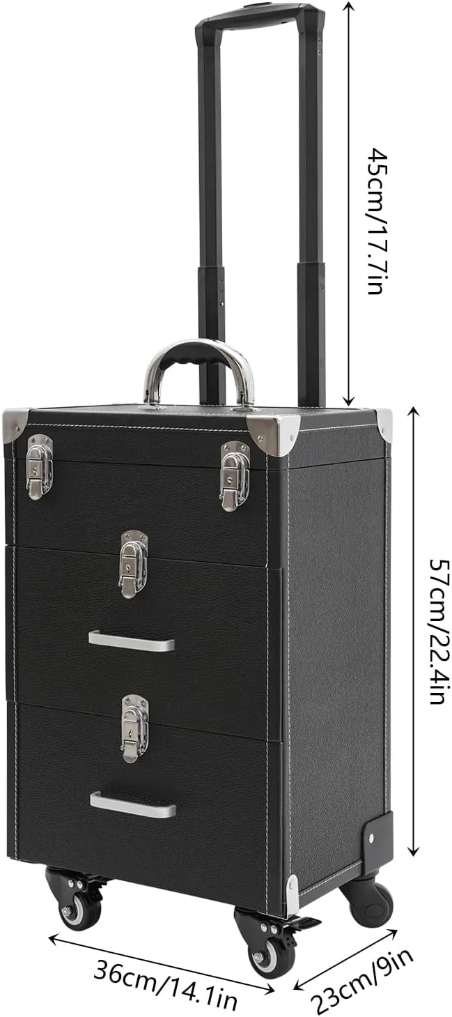 Rolling Nail Case w/compartment Wheeled Manicure Storage Case Polish Organizer 110.23 lbs Professional Makeup Trolley for Studio or Travelling Nail Technician Artists Cosmetologist Stylist (black)