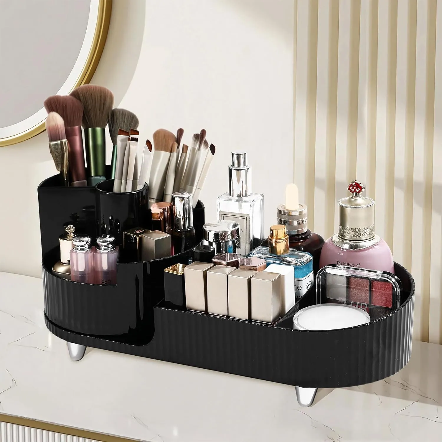 Rotating Makeup Organizer Cosmetic Organizer, Cosmetic Display Case Round Vanity Makeup Organizer Cosmetic Storage Display box for Skincare, Brushes, Eyeshadow, Lipstick (Black)