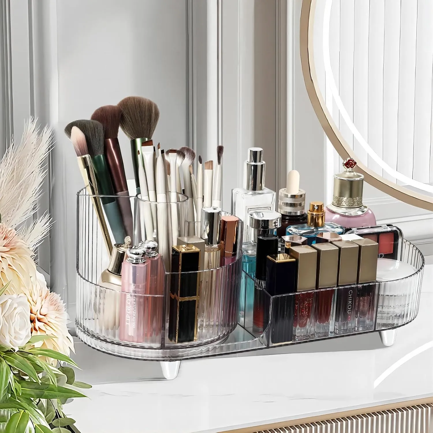 Rotating Makeup Organizer Cosmetic Organizer, Cosmetic Display Case Round Vanity Makeup Organizer Cosmetic Storage Display box for Skincare, Brushes, Eyeshadow, Lipstick(Transparent White)