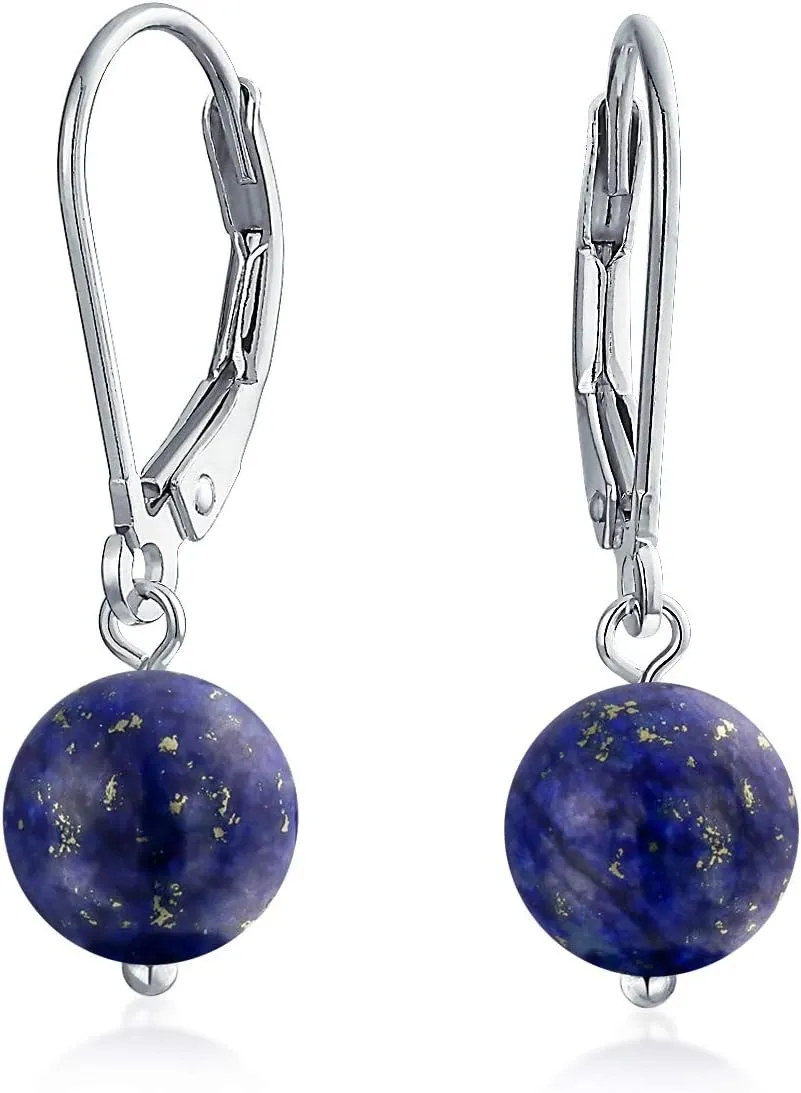 Simple Basic Gemstone Round 8MM Bead Ball Drop Dangle Earrings For Women Teen Secure Hinge Lever back .925 Sterling Silver Birthstones More Colors