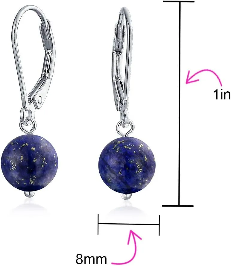Simple Basic Gemstone Round 8MM Bead Ball Drop Dangle Earrings For Women Teen Secure Hinge Lever back .925 Sterling Silver Birthstones More Colors