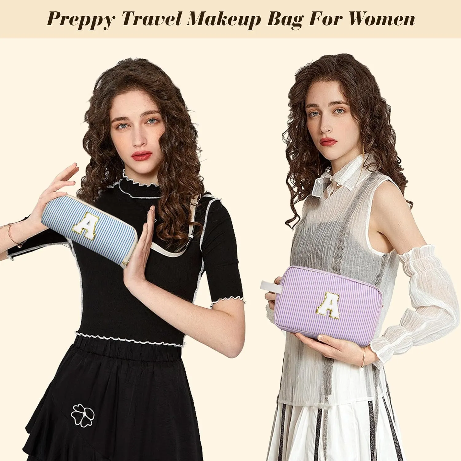 Travel Makeup Bag Gift for Women Girl Teens Preppy Stuff Cosmetic Bag Set, Cute Make Up Bag With Handle Personalized Initial Makeup Pouch Skin Care with Makeup Brush Bag Letter F(Purple&White Stripes)