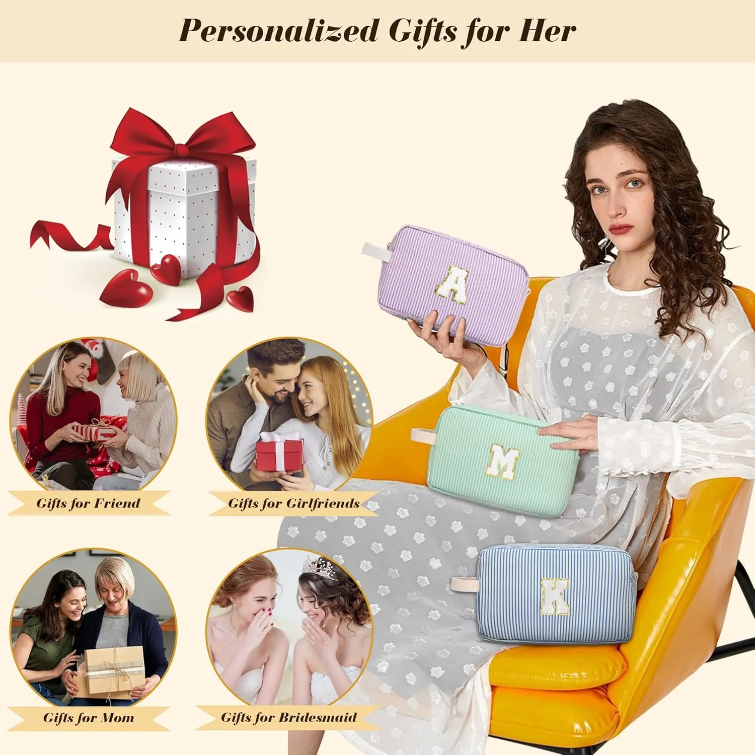Travel Makeup Bag Gift for Women Girl Teens Preppy Stuff Cosmetic Bag Set, Cute Make Up Bag With Handle Personalized Initial Makeup Pouch Skin Care with Makeup Brush Bag Letter F(Purple&White Stripes)