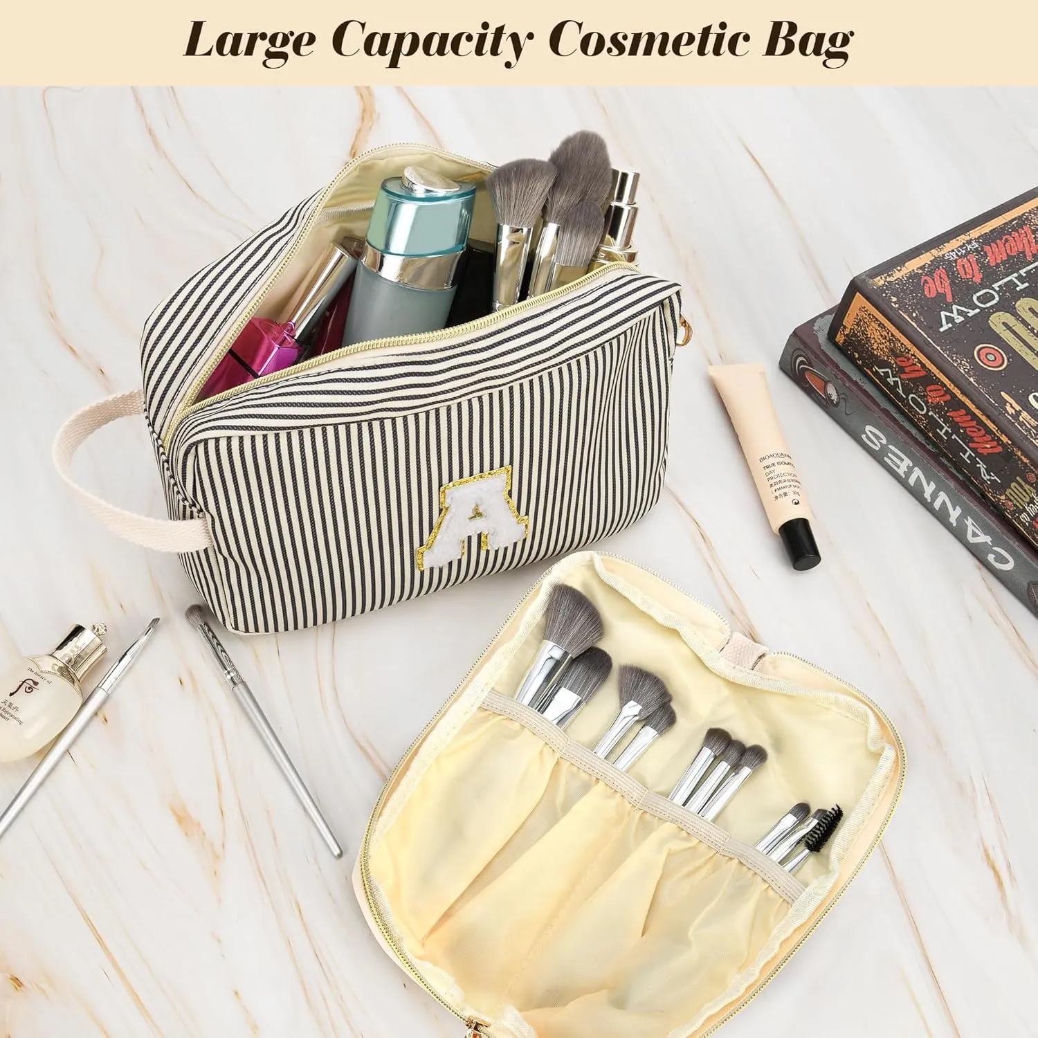 Travel Makeup Bag Gift for Women Girl Teens Preppy Stuff Cosmetic Bag Set, Cute Make Up Bag With Handle Personalized Initial Makeup Pouch Skin Care with Makeup Brush Bag Letter F(Purple&White Stripes)