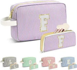 Travel Makeup Bag Gift for Women Girl Teens Preppy Stuff Cosmetic Bag Set, Cute Make Up Bag With Handle Personalized Initial Makeup Pouch Skin Care with Makeup Brush Bag Letter F(Purple&White Stripes)