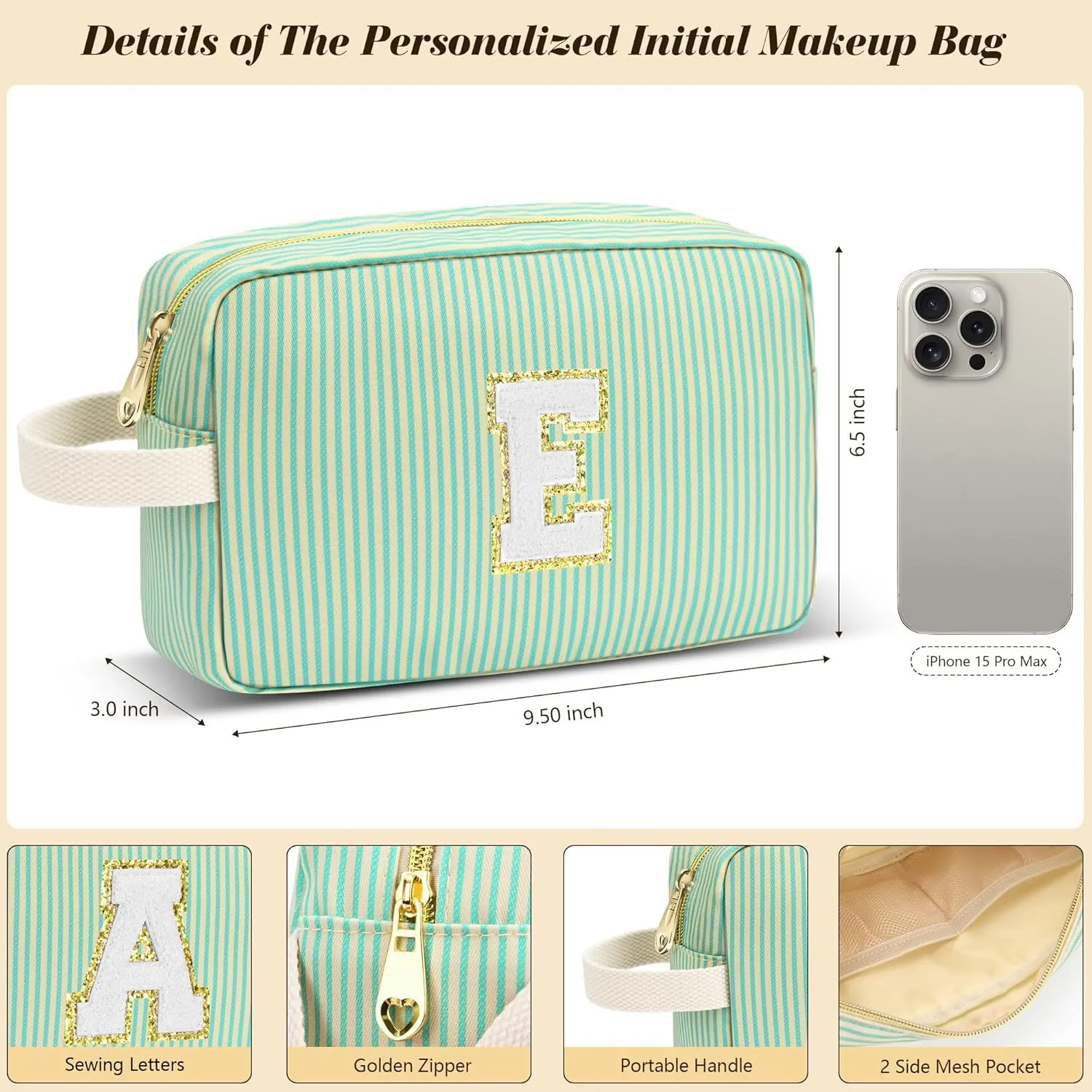 Travel Makeup Bag Gift for Women Girl Teens Preppy Stuff Cosmetic Bag Set, Cute Make Up Bag With Handle Personalized Initial Makeup Pouch Skin Care with Makeup Brush Bag Letter F(Purple&White Stripes)