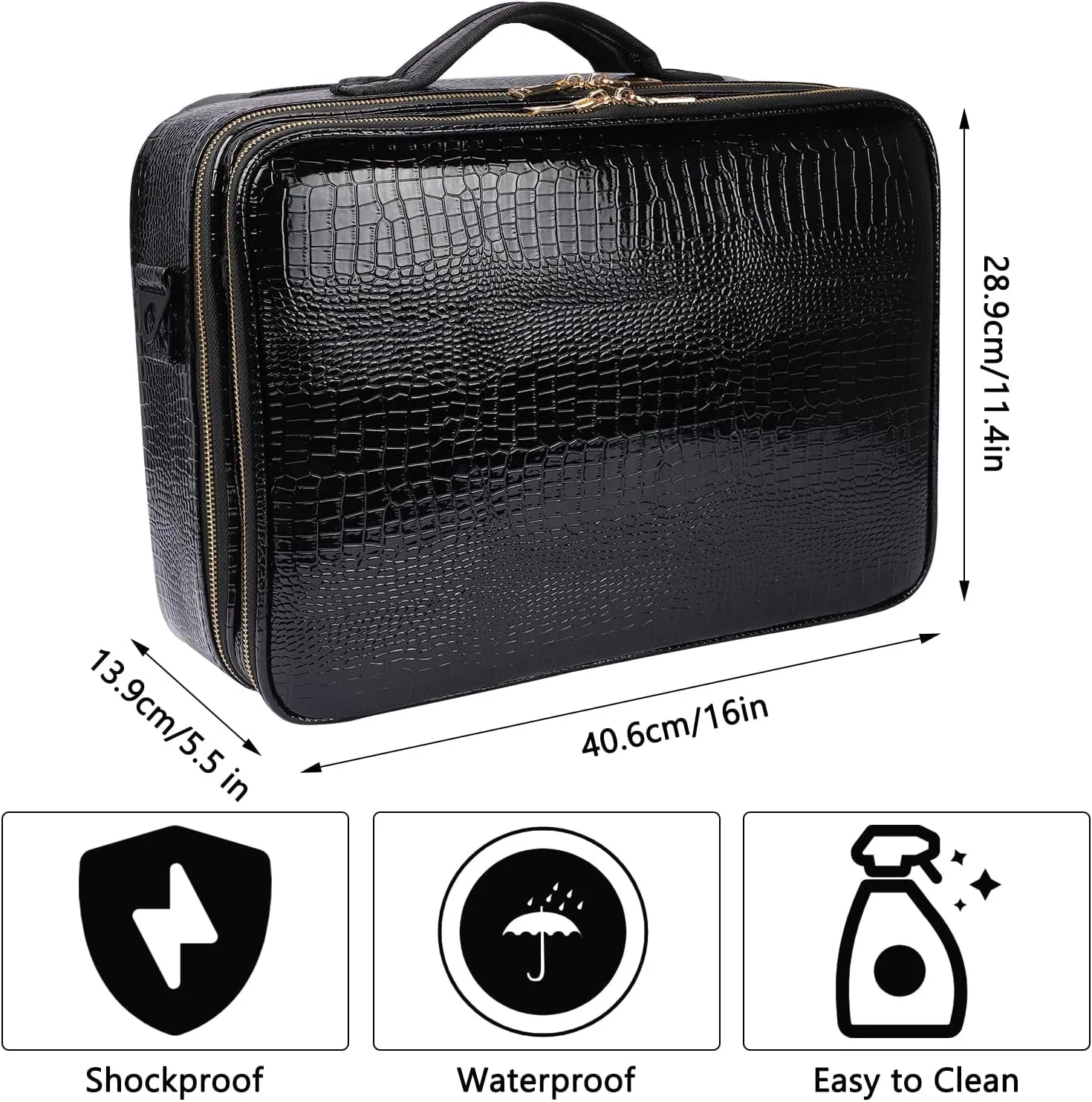 Travel Makeup Case, PU Leather Professional Large Makeup Bag Organizer with Shoulder Strap（L-Black Crocodile）
