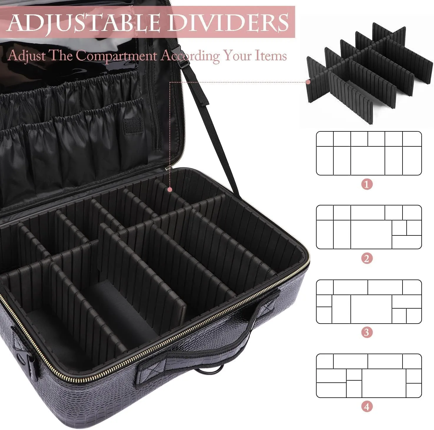 Travel Makeup Case, PU Leather Professional Large Makeup Bag Organizer with Shoulder Strap（L-Black Crocodile）