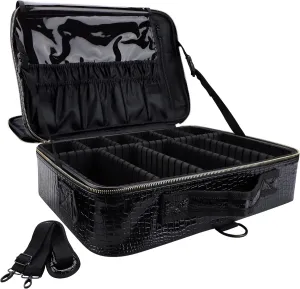 Travel Makeup Case, PU Leather Professional Large Makeup Bag Organizer with Shoulder Strap（L-Black Crocodile）