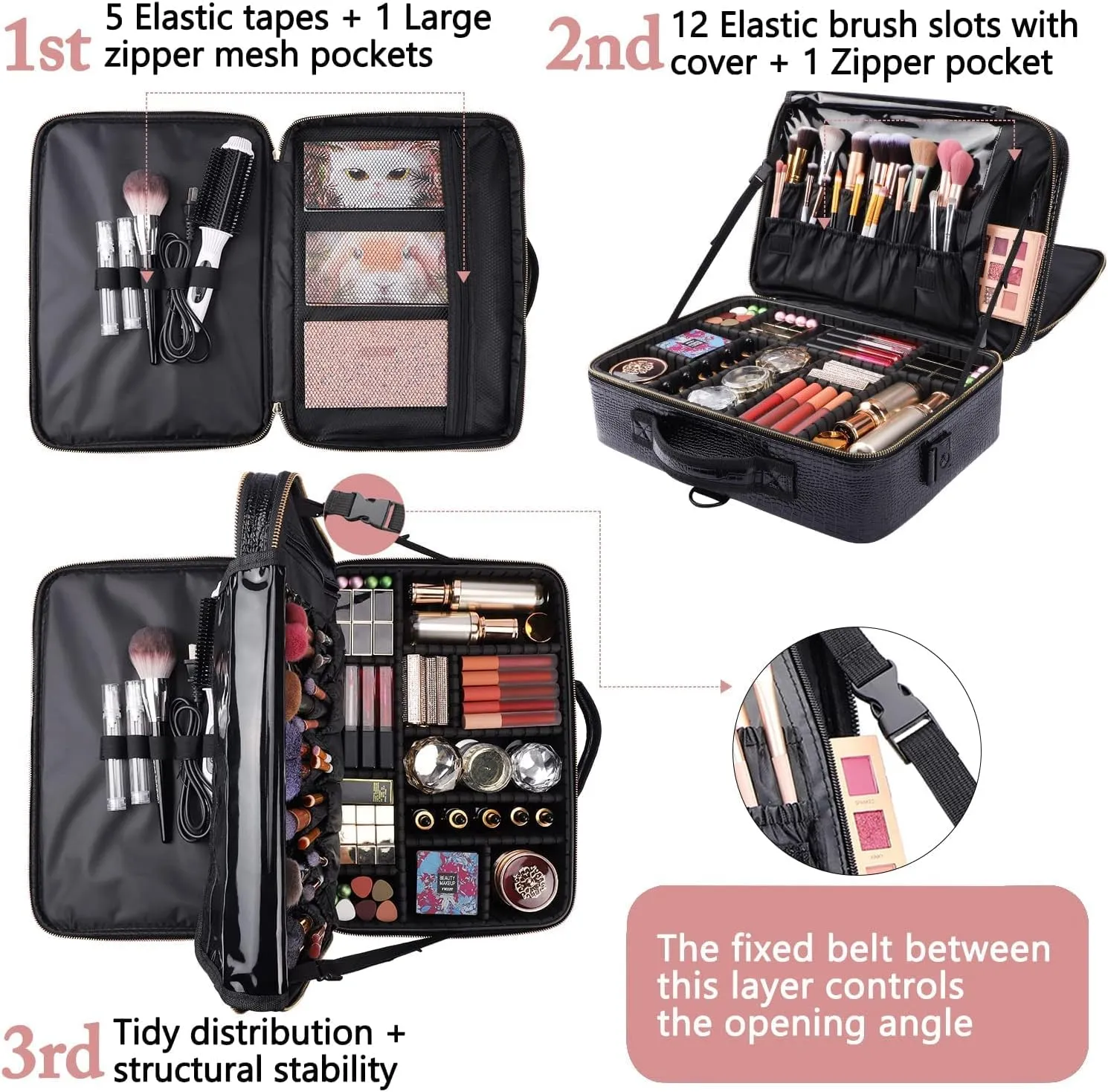 Travel Makeup Case, PU Leather Professional Large Makeup Bag Organizer with Shoulder Strap（L-Black Crocodile）