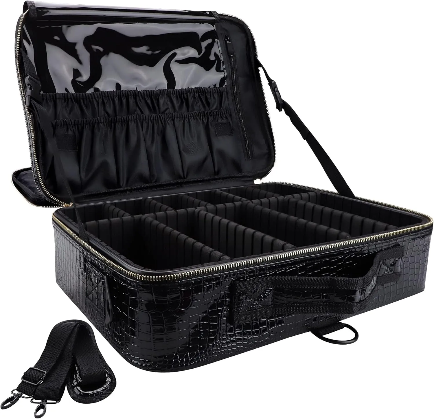 Travel Makeup Case, PU Leather Professional Large Makeup Bag Organizer with Shoulder Strap（L-Black Crocodile）