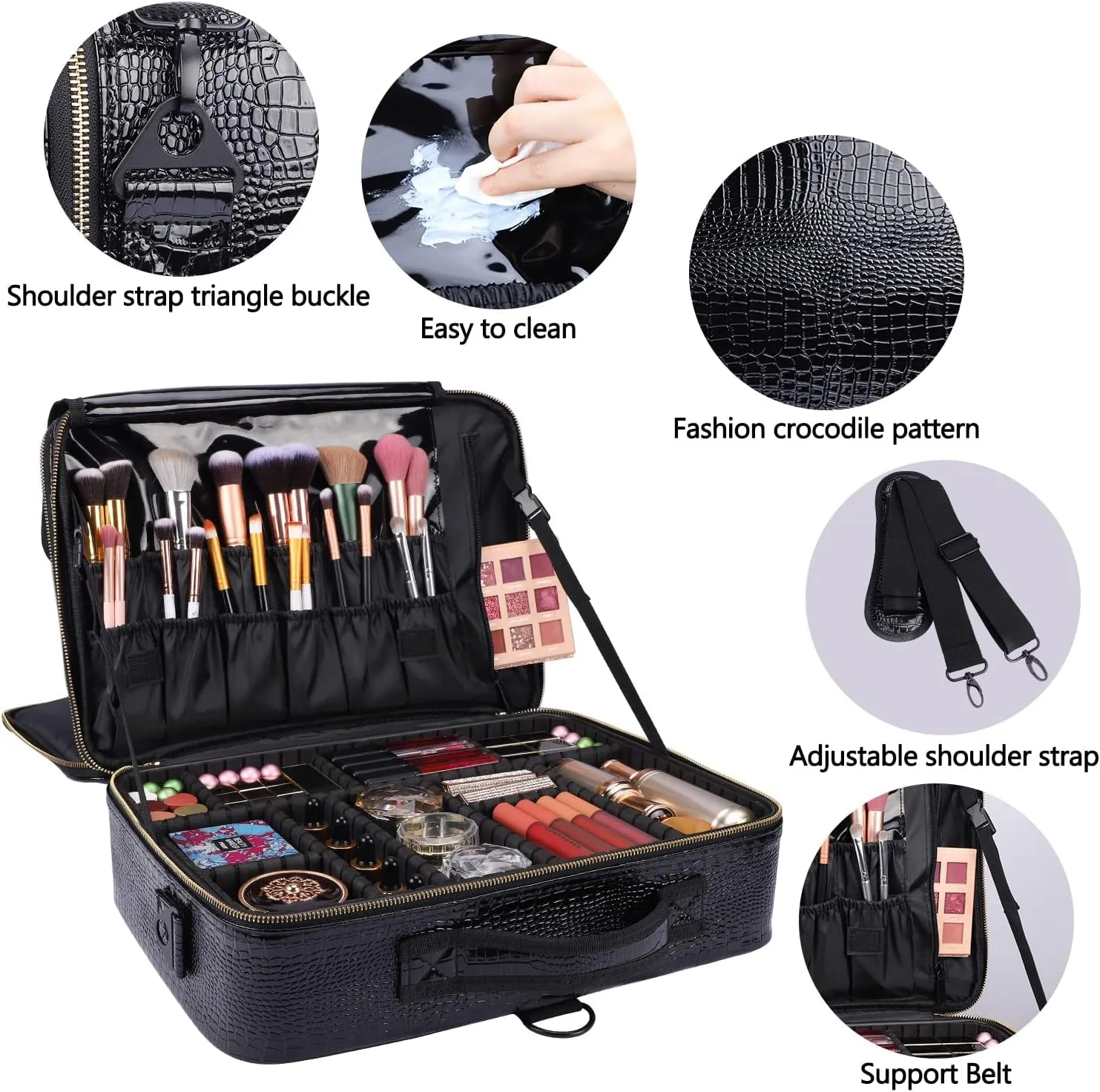 Travel Makeup Case, PU Leather Professional Large Makeup Bag Organizer with Shoulder Strap（L-Black Crocodile）