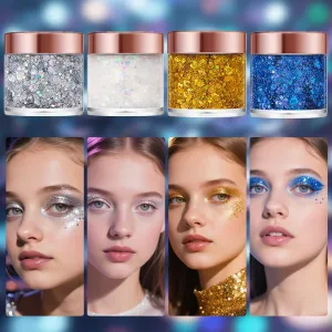 Ultra Glitter Gel Set, 4-Pack Shimmer Body Hair Sparkle for Cosplay/Festivals (Gilded Gold, Sapphire Blue, Lunar Silver, Pearl White) | Long-Lasting, Easy Wash Off, 0.12" Diameter Glitter