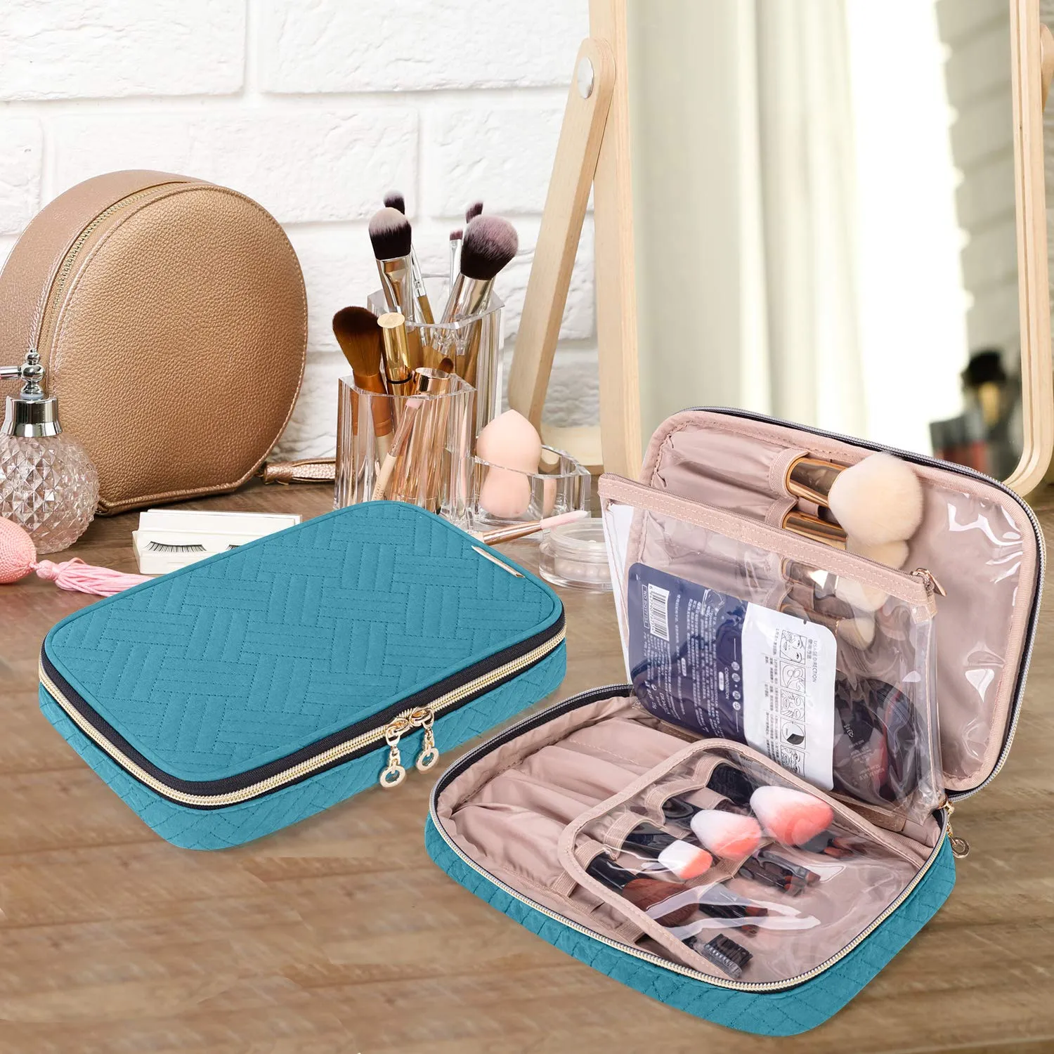 Yarwo Travel Makeup Brushes Bag, Portable Cosmetic Bag for Makeup Brushes (up to 9.4") and Cosmetic Essentials, Teal (BAG ONLY, PATENTED DESIGN)