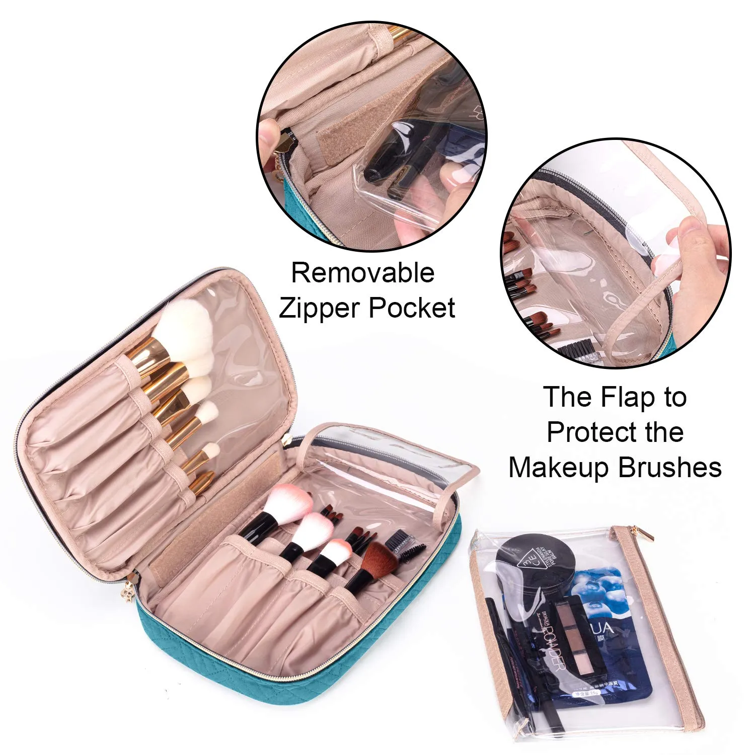 Yarwo Travel Makeup Brushes Bag, Portable Cosmetic Bag for Makeup Brushes (up to 9.4") and Cosmetic Essentials, Teal (BAG ONLY, PATENTED DESIGN)